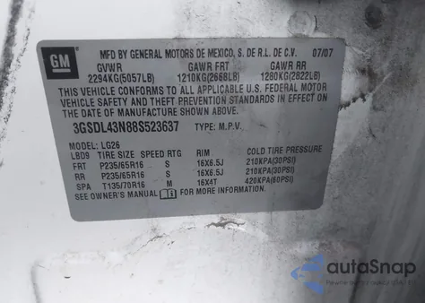 2008 Saturn Vue V6 Xe z USA, uszkodzony, nr VIN 3GSDL43N88S523637